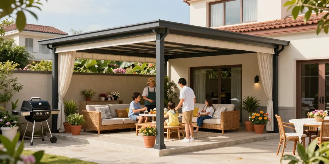 Terrassenüberdachung freistehend im modernen Garten mit Familie beim Grillen