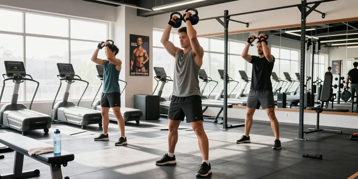 Training im Unique Pharma Shop Fitnessstudio mit Athlet, Kettlebells und motivierenden Plakaten.