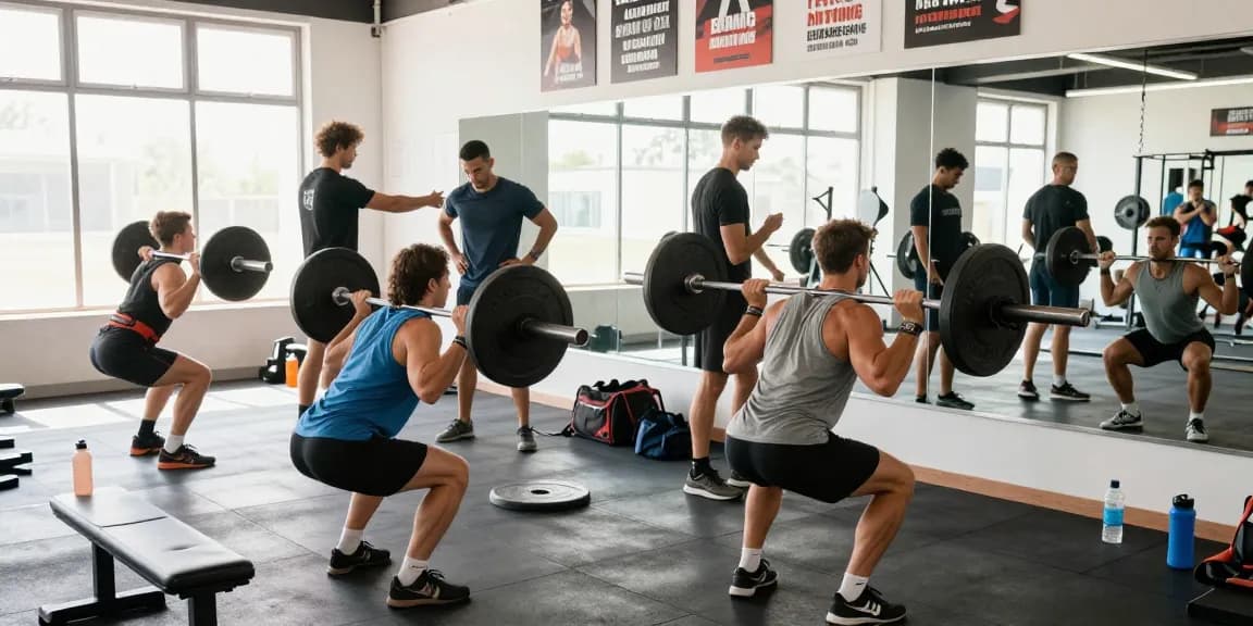 Erfahrene Bodybuilder im Anabolika Shop Training im modernen Fitnessstudio mit motivierender Atmosphäre.
