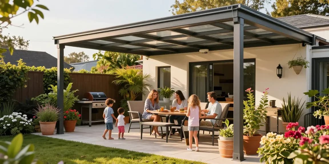 Moderne Terrassenüberdachungen auf einer einladenden Terrasse mit Familie.