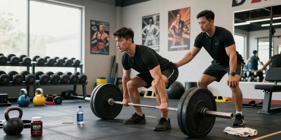 Ein Athlet im Fitnessstudio während des Trainings mit Deus Medical Steroiden für optimale Leistung.