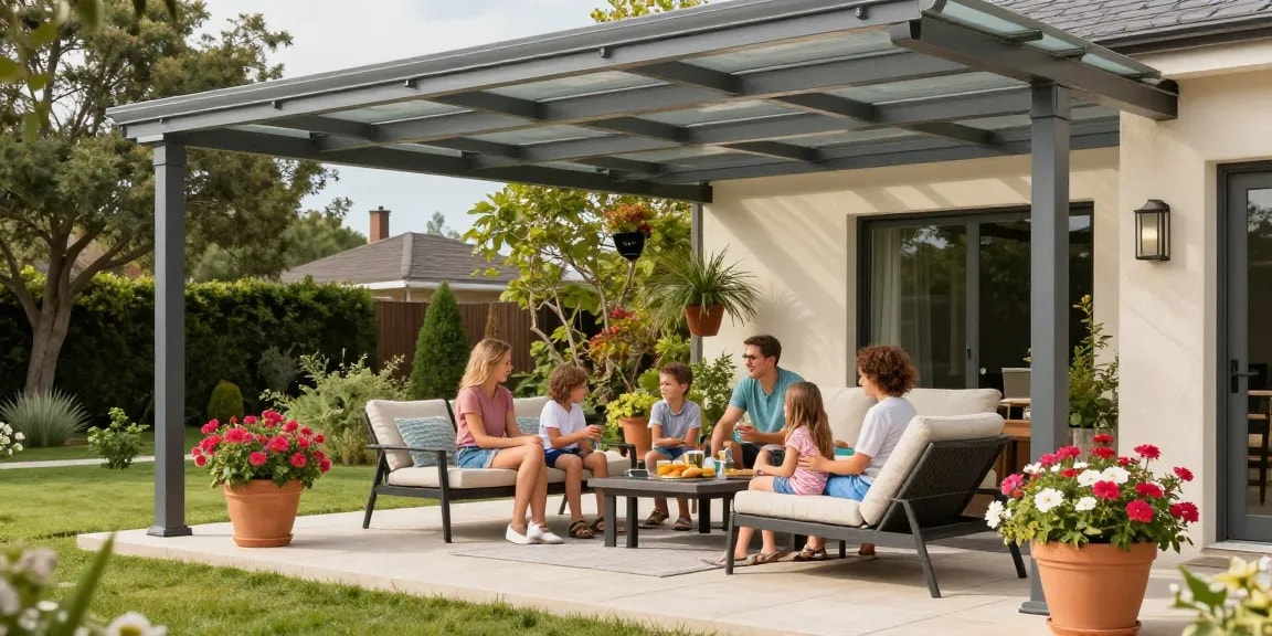 Moderne Terrassenüberdachung mit Familie bei sonnigem Wetter im Garten.