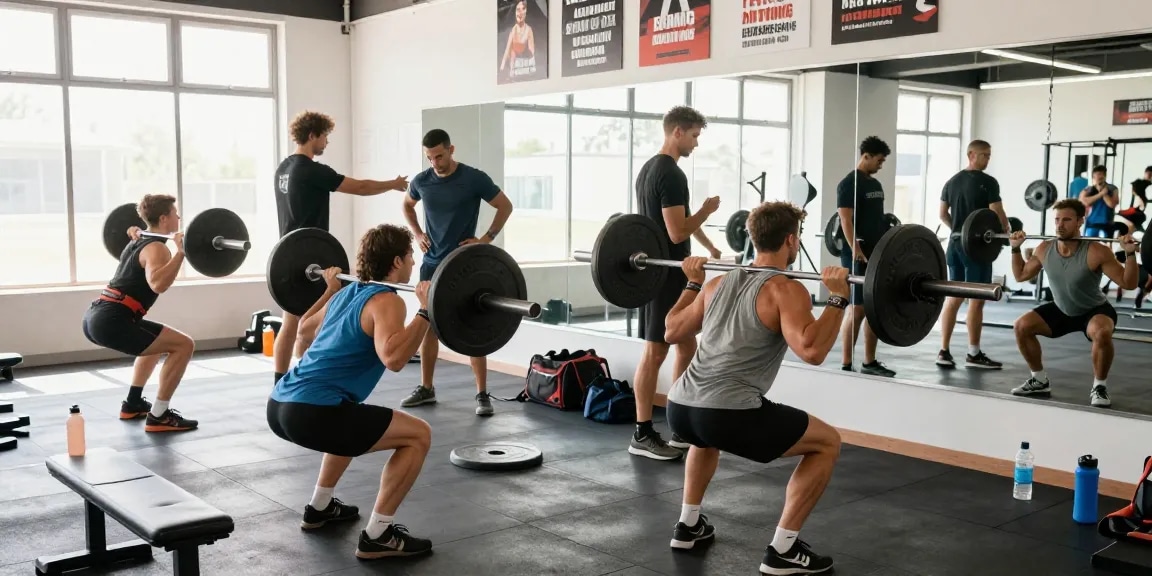 Erfahrene Bodybuilder im Anabolika Shop Training im modernen Fitnessstudio mit motivierender Atmosphäre.