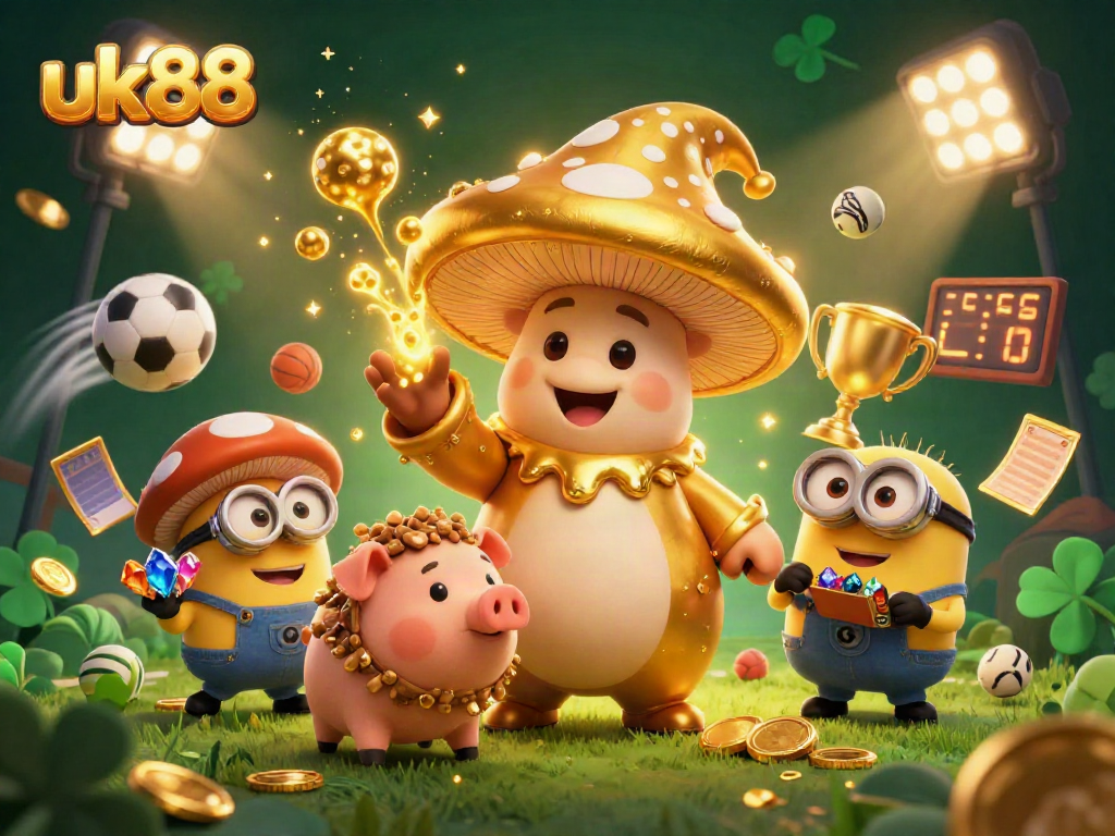 Experience thrilling gaming excitement at uk88 with a magical scene of the golden mushroom wizard and treasures.