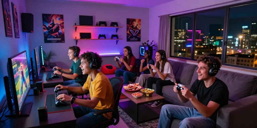 Enthusiastic group gaming together in a vibrant lounge, featuring rokok88 login on the large screen, creating a lively atmosphere.
