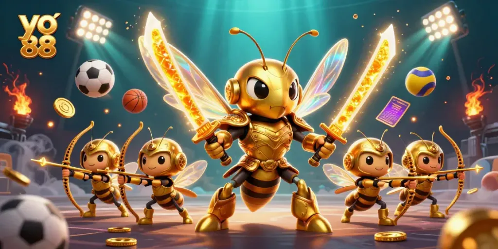 Experience the excitement of yo 88 with a dynamic 3D casino illustration featuring a golden hornet warrior.