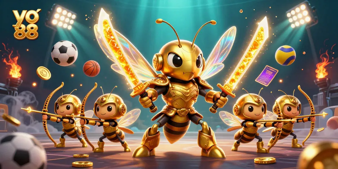 Experience the excitement of yo 88 with a dynamic 3D casino illustration featuring a golden hornet warrior.