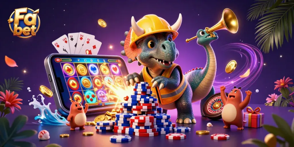 Experience the excitement of betting with Fa bet featuring animated dinosaurs building a poker chip pyramid.