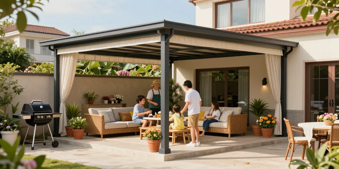 Terrassenüberdachung freistehend im modernen Garten mit Familie beim Grillen
