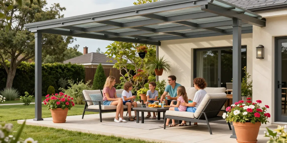 Moderne Terrassenüberdachung mit Familie bei sonnigem Wetter im Garten.