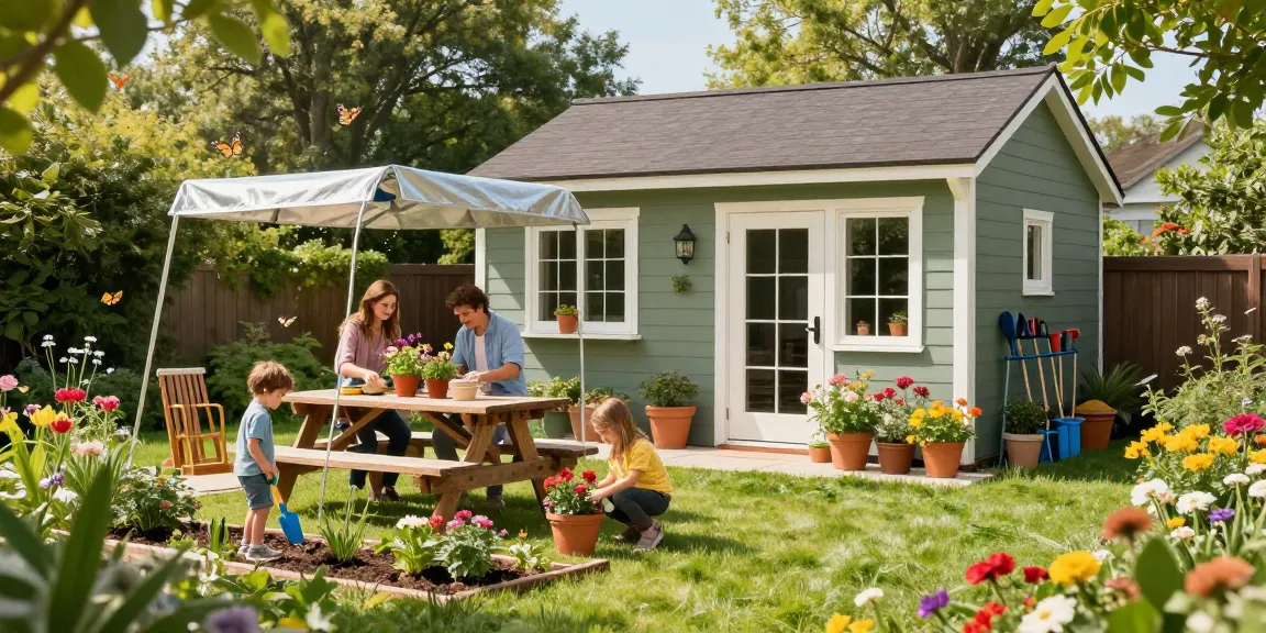 Garten Haus mit Familie im Garten: einladende Atmosphäre und fröhliche Aktivitäten für alle Altersgruppen.