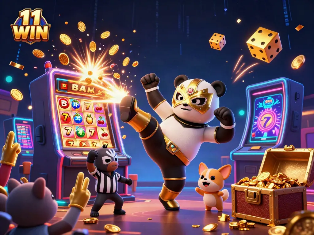 Engage in thrilling gameplay with 11 WIN featuring a lively panda wrestler, animated slot machine, and cheering spectators.