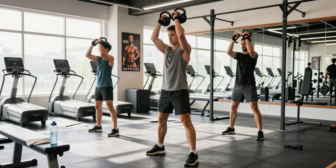 Training im Unique Pharma Shop Fitnessstudio mit Athlet, Kettlebells und motivierenden Plakaten.