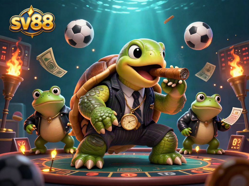 Engage with sv88's exciting casino atmosphere featuring a massive snapping turtle and bullfrog enforcers, enhancing your gaming experience.