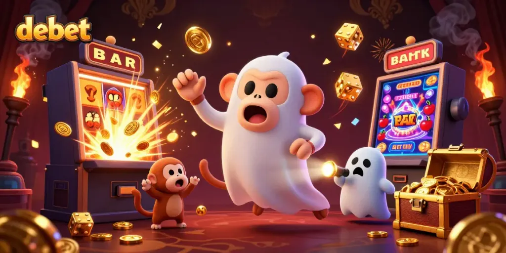 Experience debet’s thrilling jackpot excitement with vibrant casino elements and a playful poltergeist monkey.