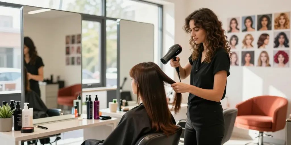 Haartrockner Testsieger Stiftung Warentest: Moderne Haarsalon-Szene mit Stylist, der einen Hochgeschwindigkeits-Haartrockner verwendet.