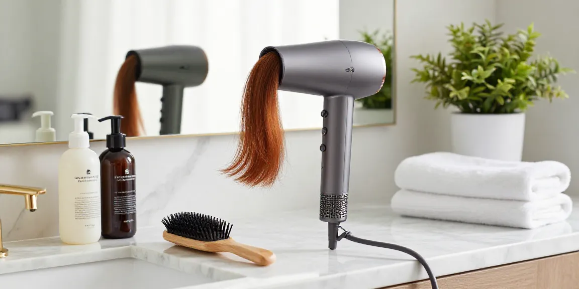 Haartrockner auf Marmorarbeitsplatte mit Haarpflegeprodukten in stilvollem Badezimmer.