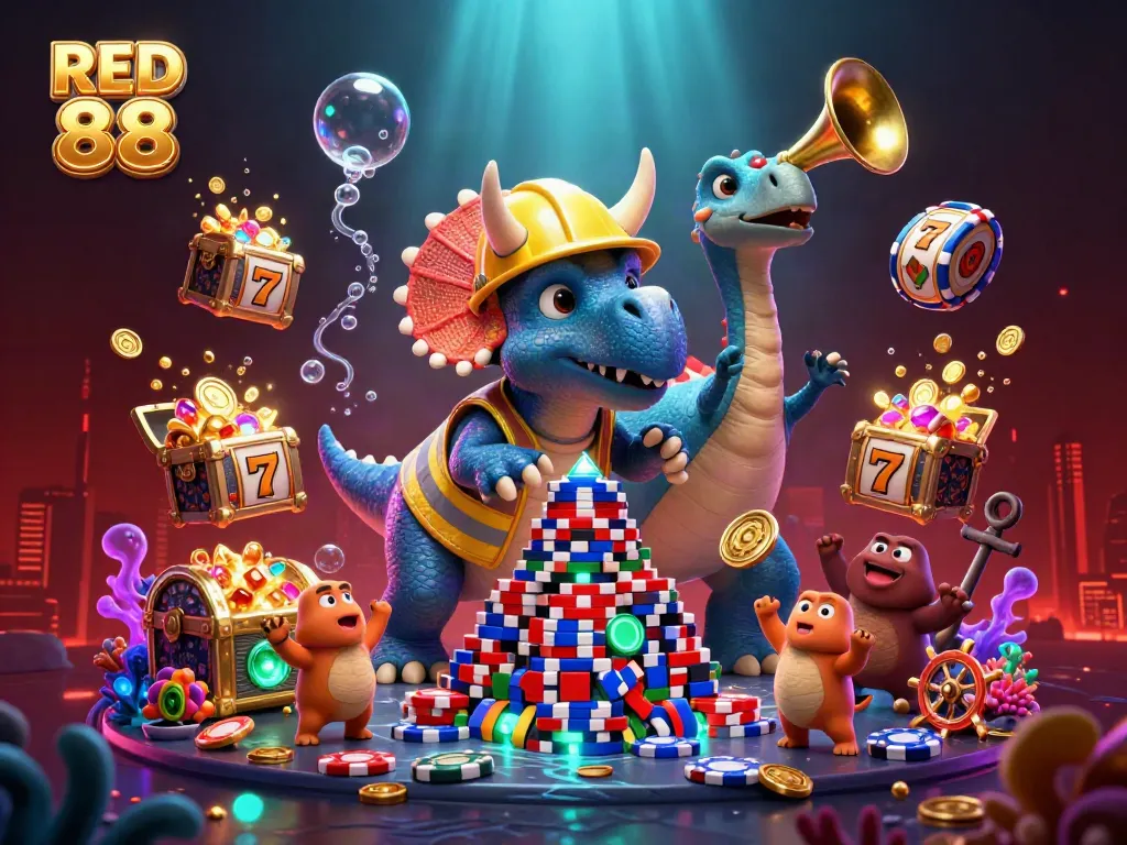 Engage in lively fun exploring RED 88's vibrant casino atmosphere, with joyous characters and game elements.