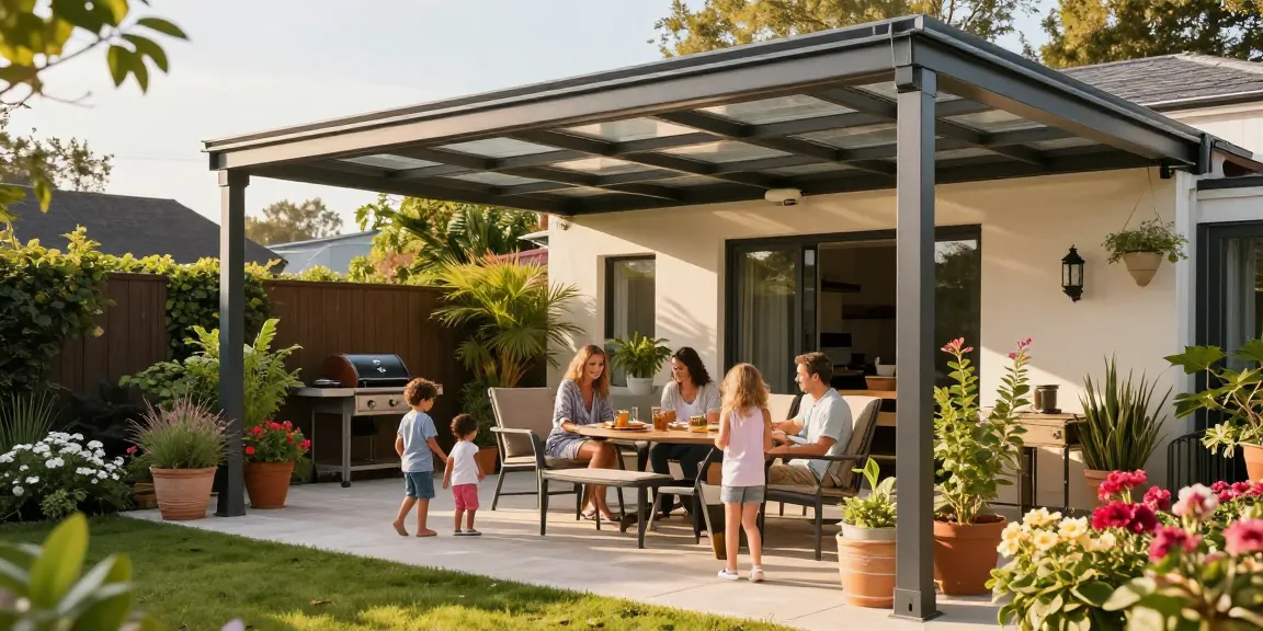 Moderne Terrassenüberdachungen auf einer einladenden Terrasse mit Familie.