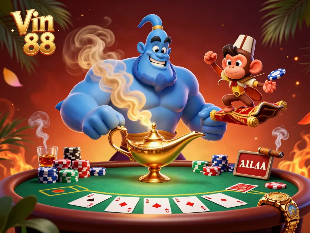 Engage with thrilling poker action at Vin 88 featuring a genie, monkey, and flying carpet in a vibrant casino scene.