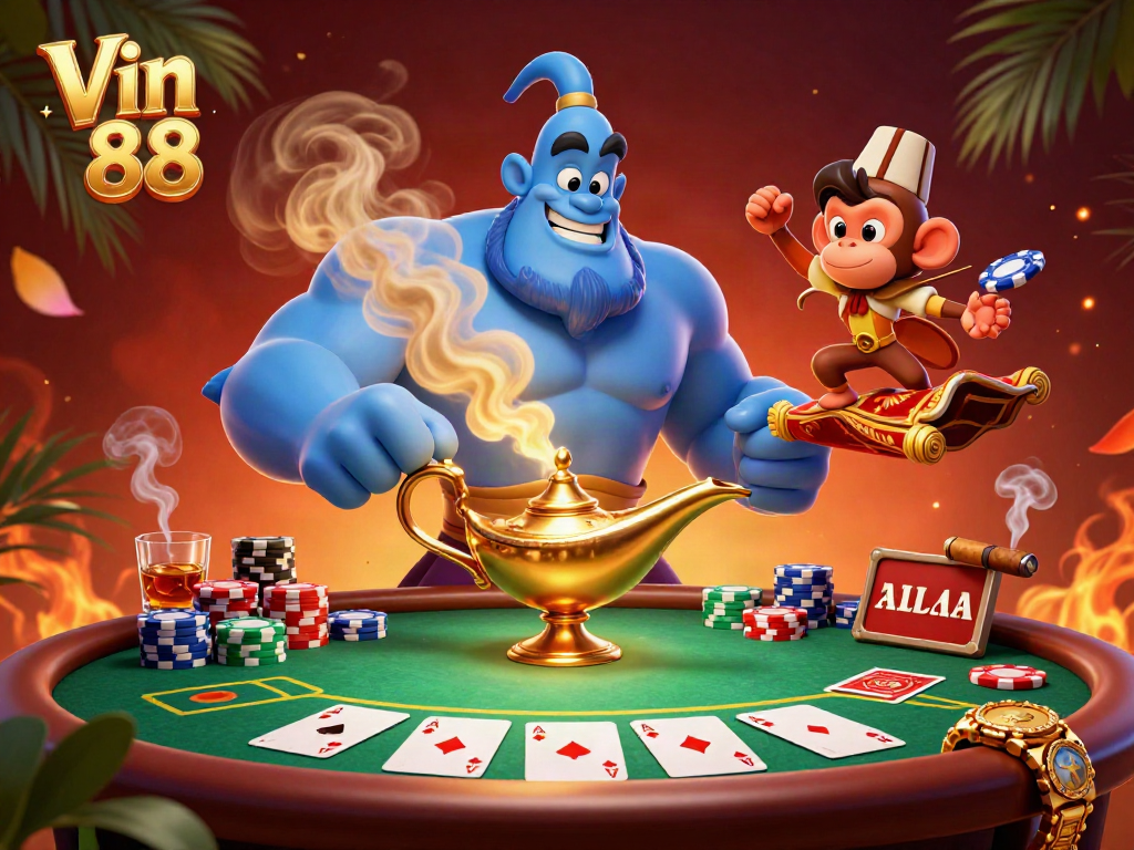 Engage with thrilling poker action at Vin 88 featuring a genie, monkey, and flying carpet in a vibrant casino scene.