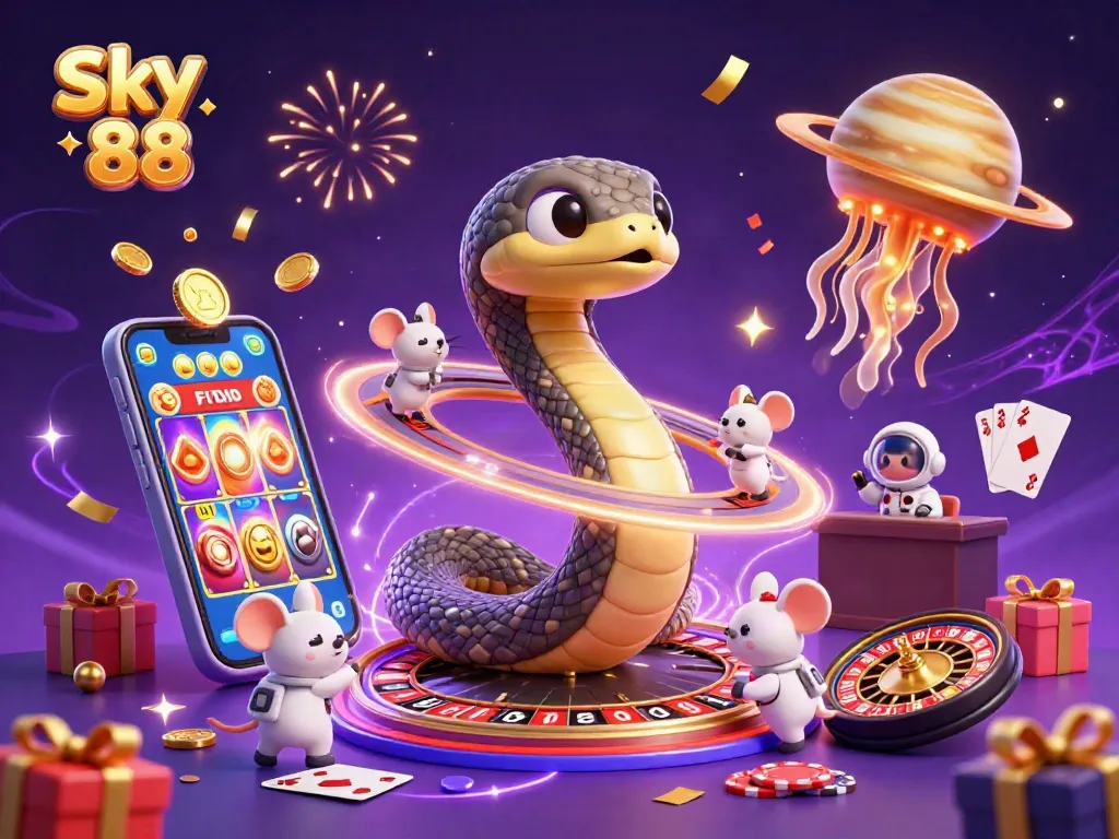 Immerse in Sky 88 gameplay with astronauts betting on a cosmic roulette wheel in vibrant 3D.