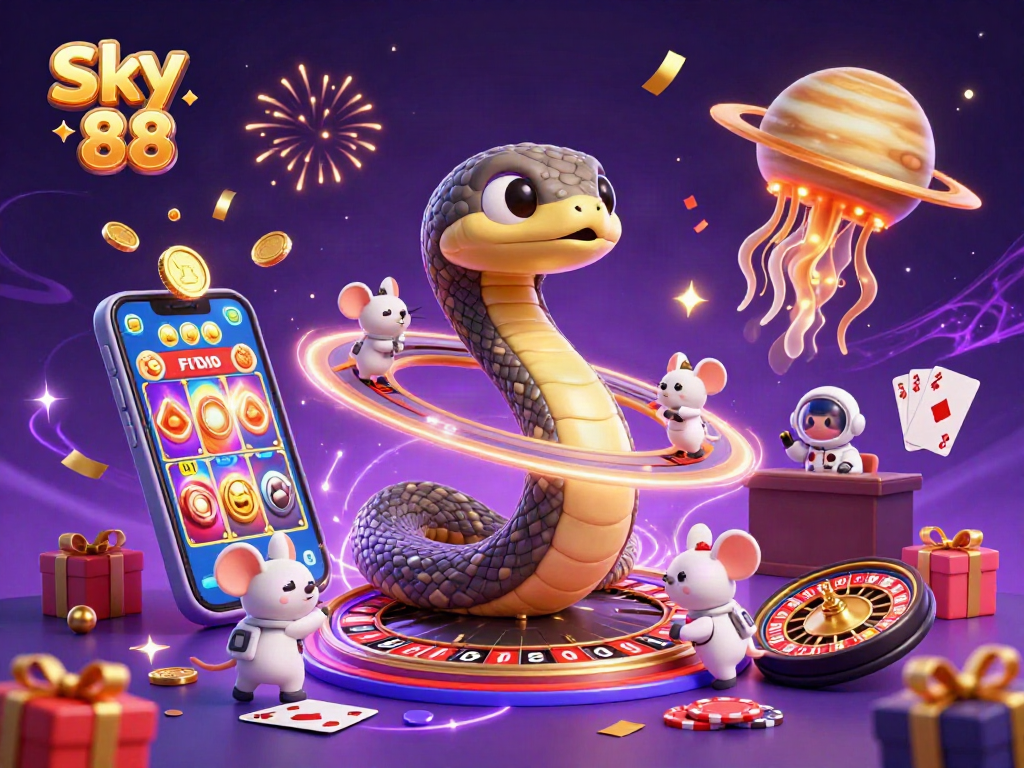 Immerse in Sky 88 gameplay with astronauts betting on a cosmic roulette wheel in vibrant 3D.