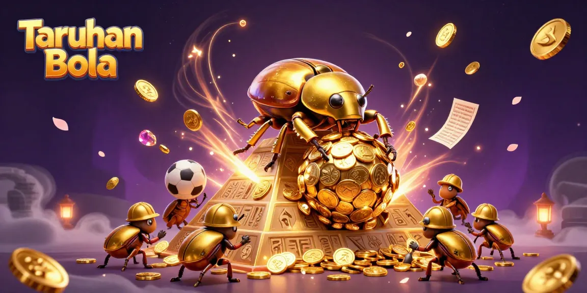 Engage in Taruhan Bola with dynamic visuals featuring a massive golden beetle and vibrant betting elements.