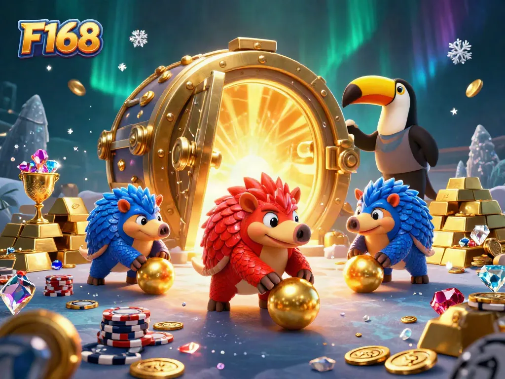 Experience the thrill of F168 casino with pangolins rolling golden balls and bowling through poker chips.