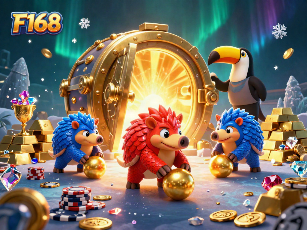 Experience the thrill of F168 casino with pangolins rolling golden balls and bowling through poker chips.