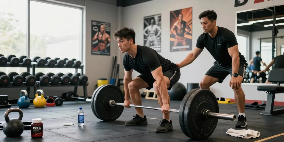 Ein Athlet im Fitnessstudio während des Trainings mit Deus Medical Steroiden für optimale Leistung.