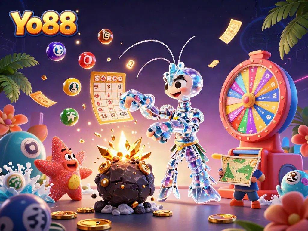 Yo88 uncovers golden gems and fun in a vibrant digital illustration of a casino adventure.
