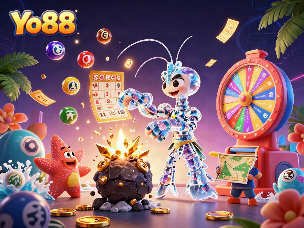 Yo88 uncovers golden gems and fun in a vibrant digital illustration of a casino adventure.