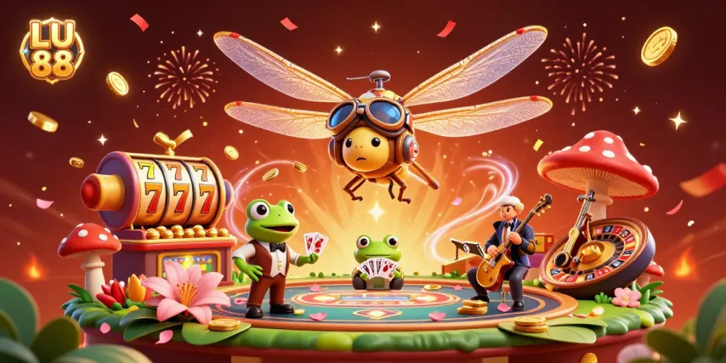 Experience thrilling action with LU 88 at a vibrant lily pad casino, featuring a dragonfly pilot and frog croupier.