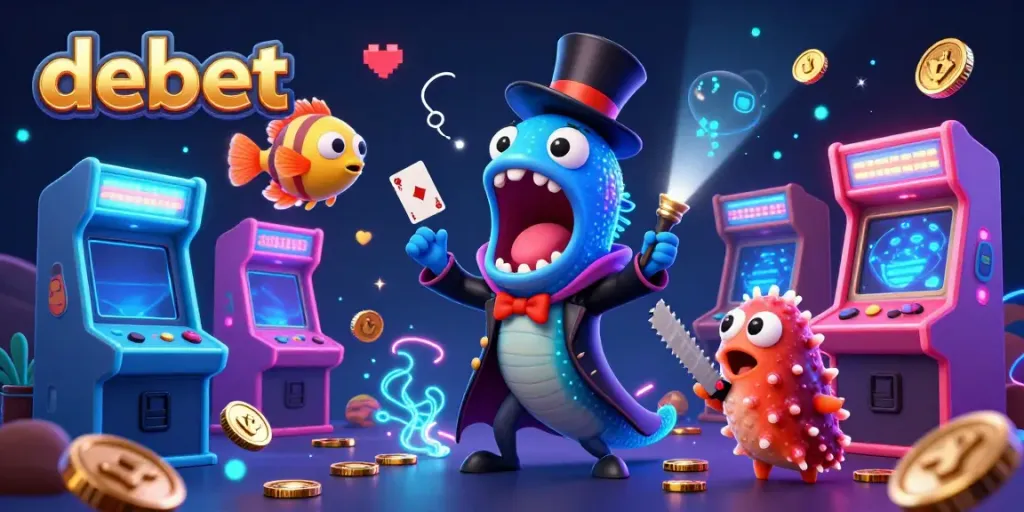 Engage with debet's exhilarating gaming scene featuring vibrant 3D characters and dynamic casino elements.