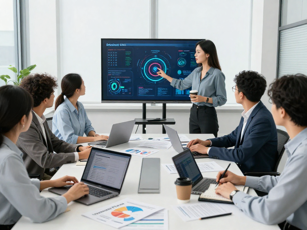 Wissen / Blog-Hub: Collaborative team discussing Datenschutz strategies in a modern office.