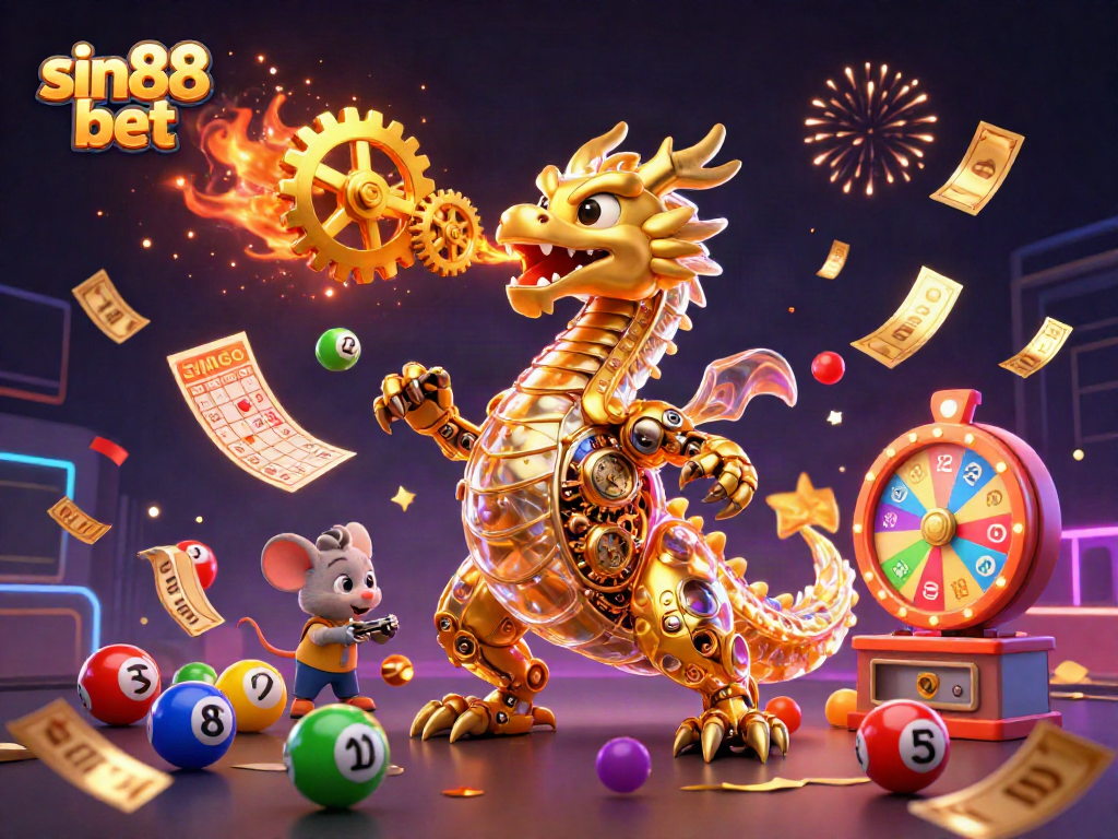 Experience thrilling casino action with sin88 bet featuring a biomechanical dragon and dynamic gambling elements.