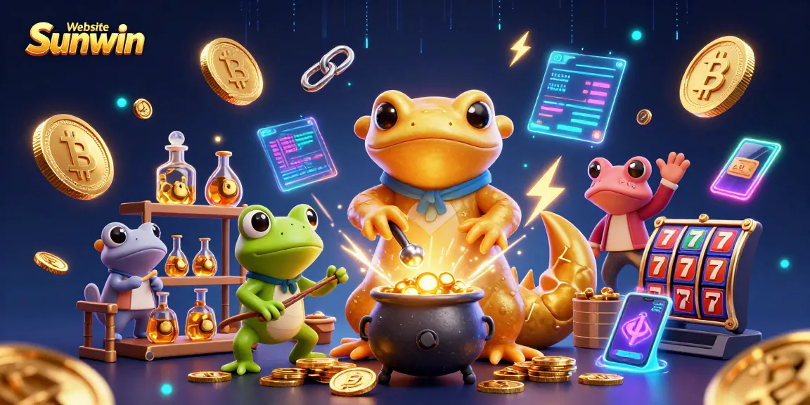 Play exciting games at Website Sunwin, featuring lively characters, gold coins, and slot reels.