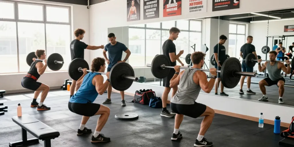 Erfahrene Bodybuilder im Anabolika Shop Training im modernen Fitnessstudio mit motivierender Atmosphäre.