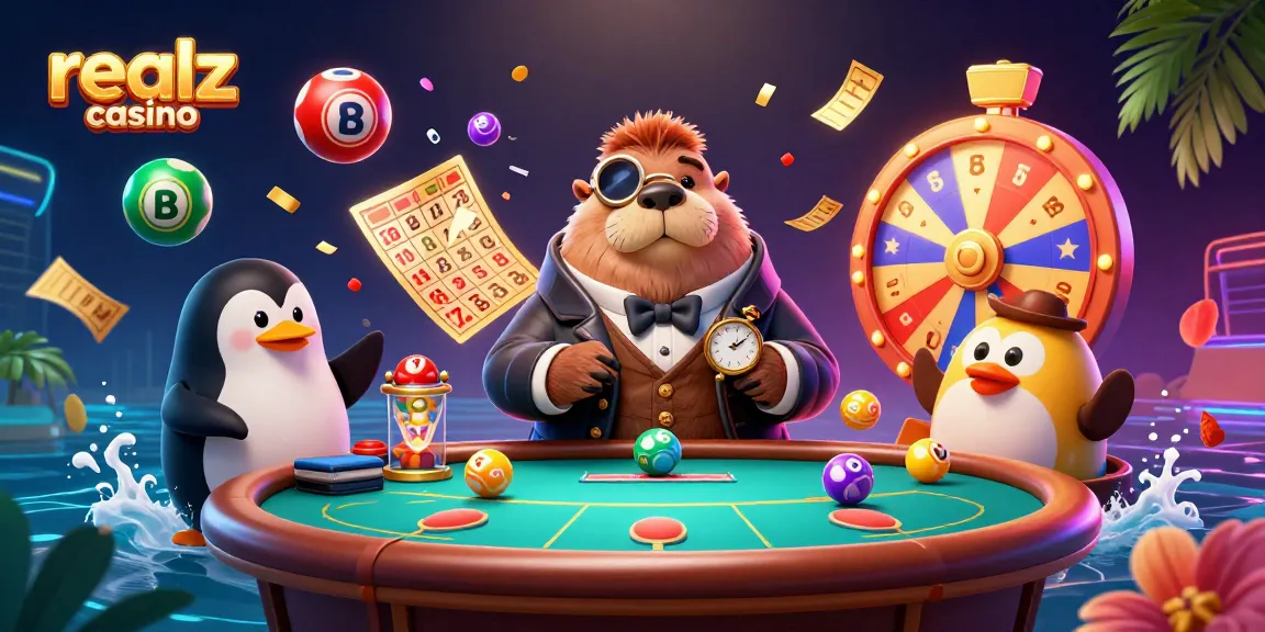 Engage with the vibrant scene of realz casino featuring a jolly walrus poker player and dynamic game elements.